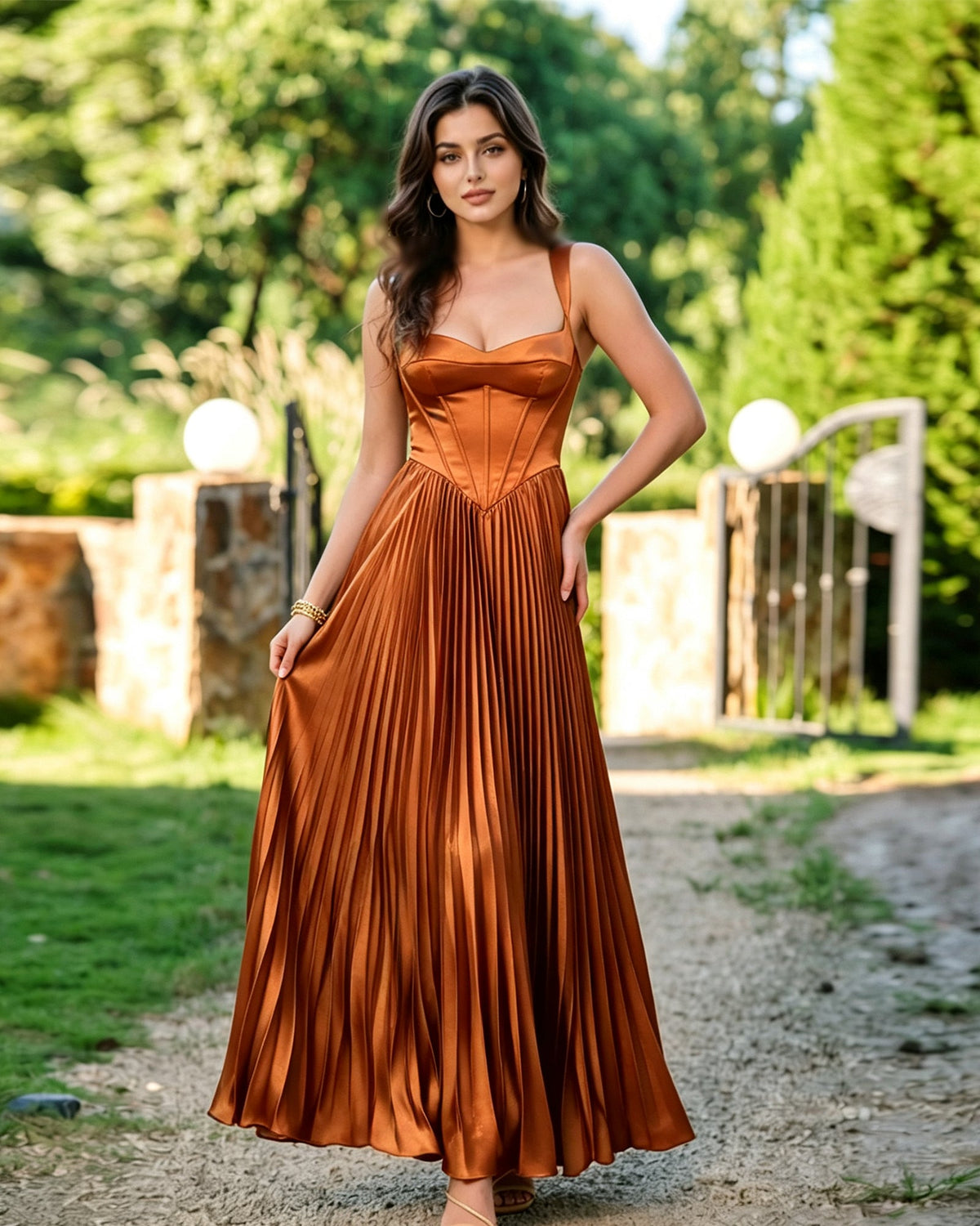 Square-neck corset midi dress in burnt orange with pleated skirt
