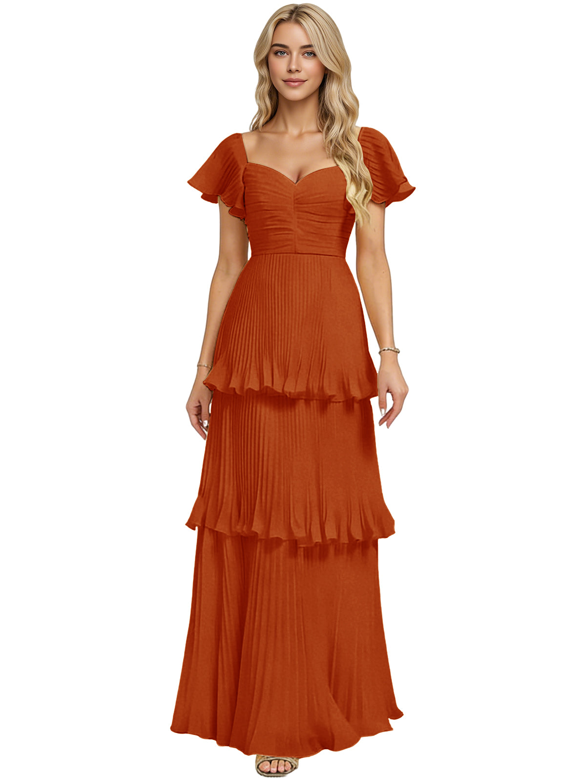 Burnt orange chiffon bridesmaid dress with sweetheart neckline and tiered ruffle skirt