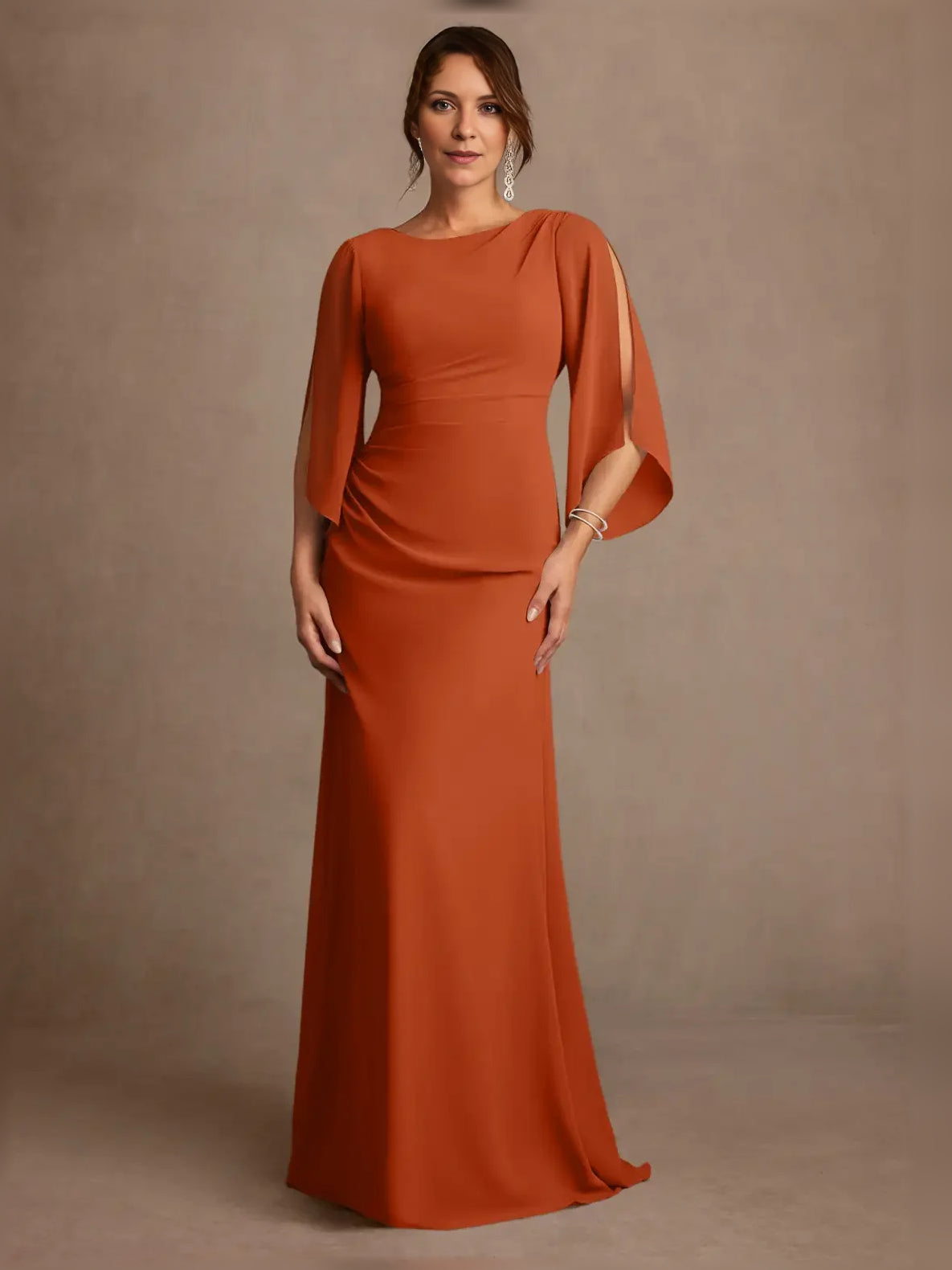 Draped boat-neck A-line chiffon mother-of-the-bride dress, burnt orange, floor length