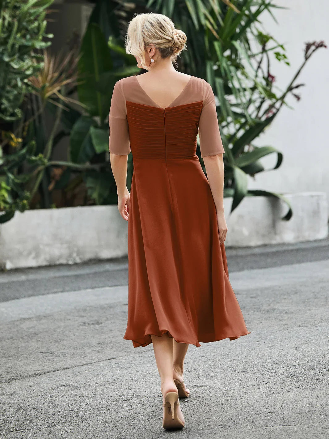 Terracotta A-line chiffon mother-of-the-bride dress, illusion back neckline, tea-length