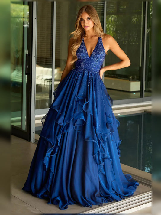 Dark blue halter neck ruffle floor-length formal dress, open back style