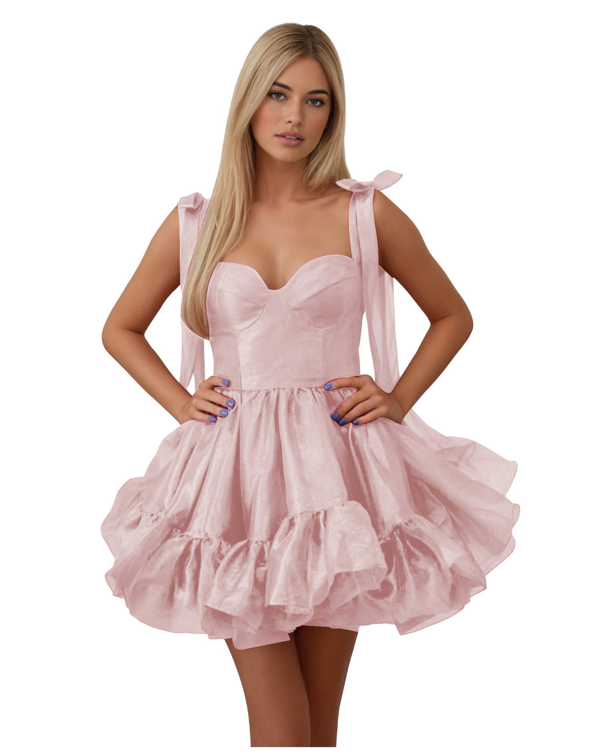 Satin corset homecoming dress in dusty pink with bow shoulder straps and layered ruffles