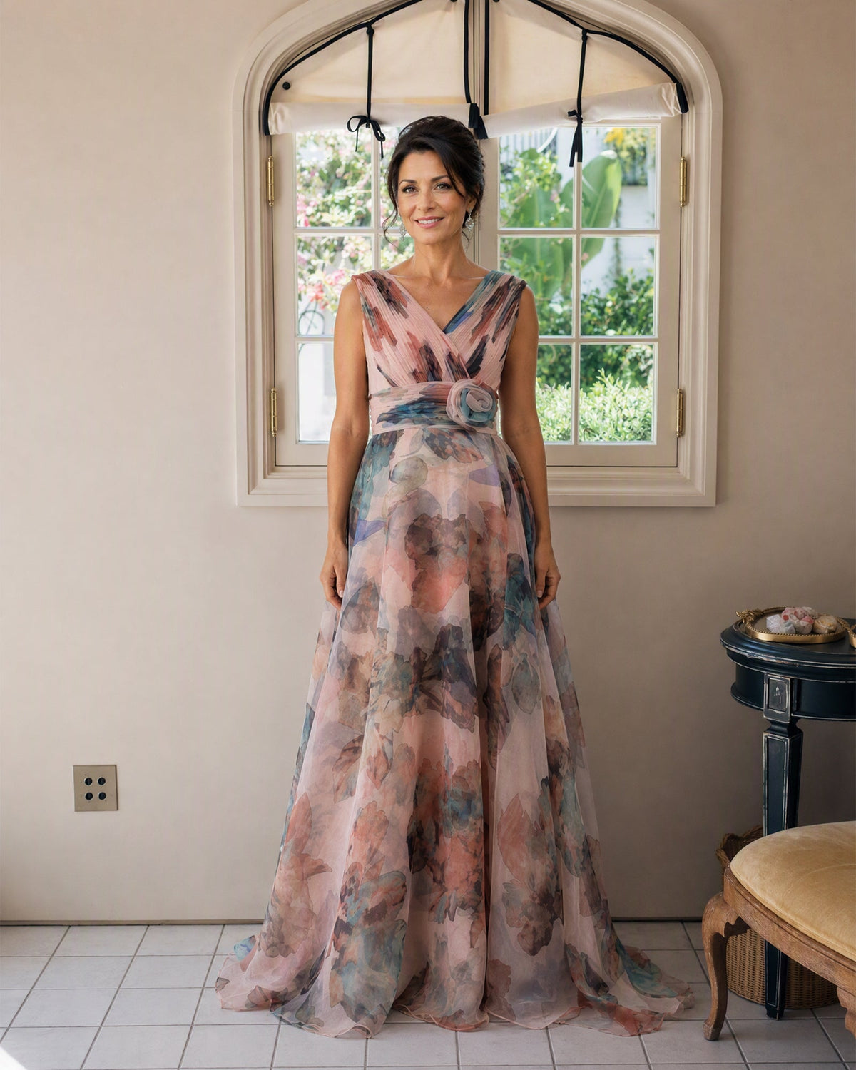 Floral-print chiffon V-neck mother of the bride dress, dusty rose, rosette sash