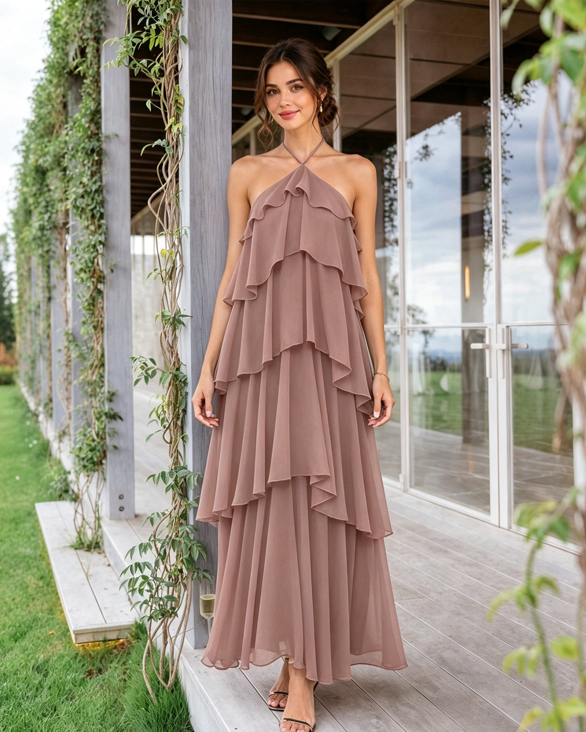 Tiered halter chiffon bridesmaid dress, mauve tiered ruffle overlay and flowing long skirt
