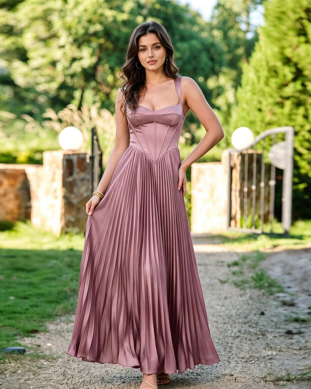 Square-neck corset formal midi dress in mauve with pleated A-line skirt