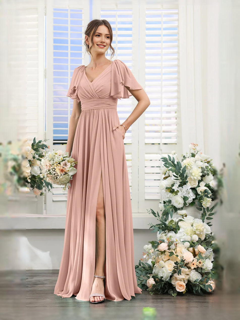 V-neck A-line chiffon bridesmaid dress in dusty rose pink, flutter sleeves, floor-length