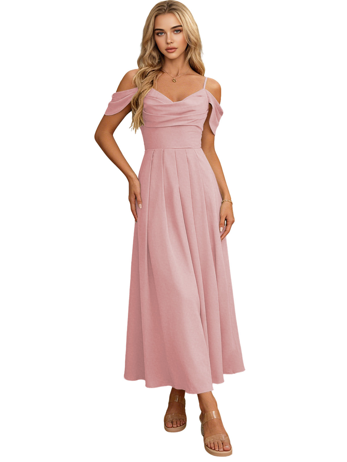 Blush pink off-shoulder midi bridesmaid dress with pleated bodice and flowing skirt