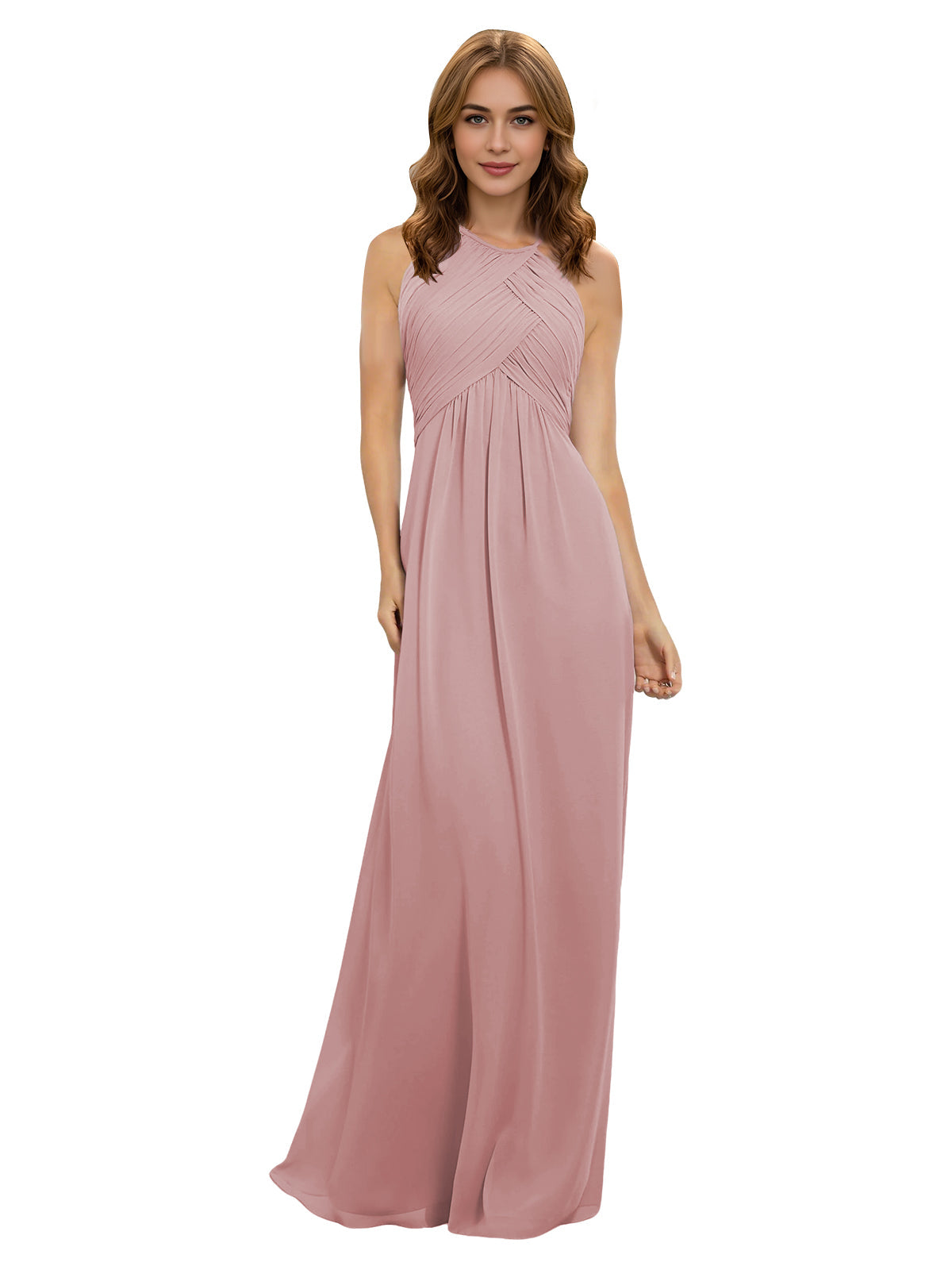 Dusty rose chiffon halter bridesmaid dress with twisted bodice and keyhole neckline