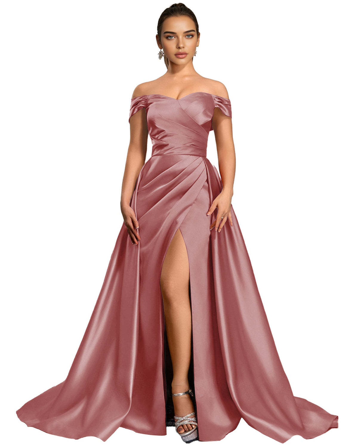 Dusty rose off-shoulder satin ball gown with draped bodice and thigh slit