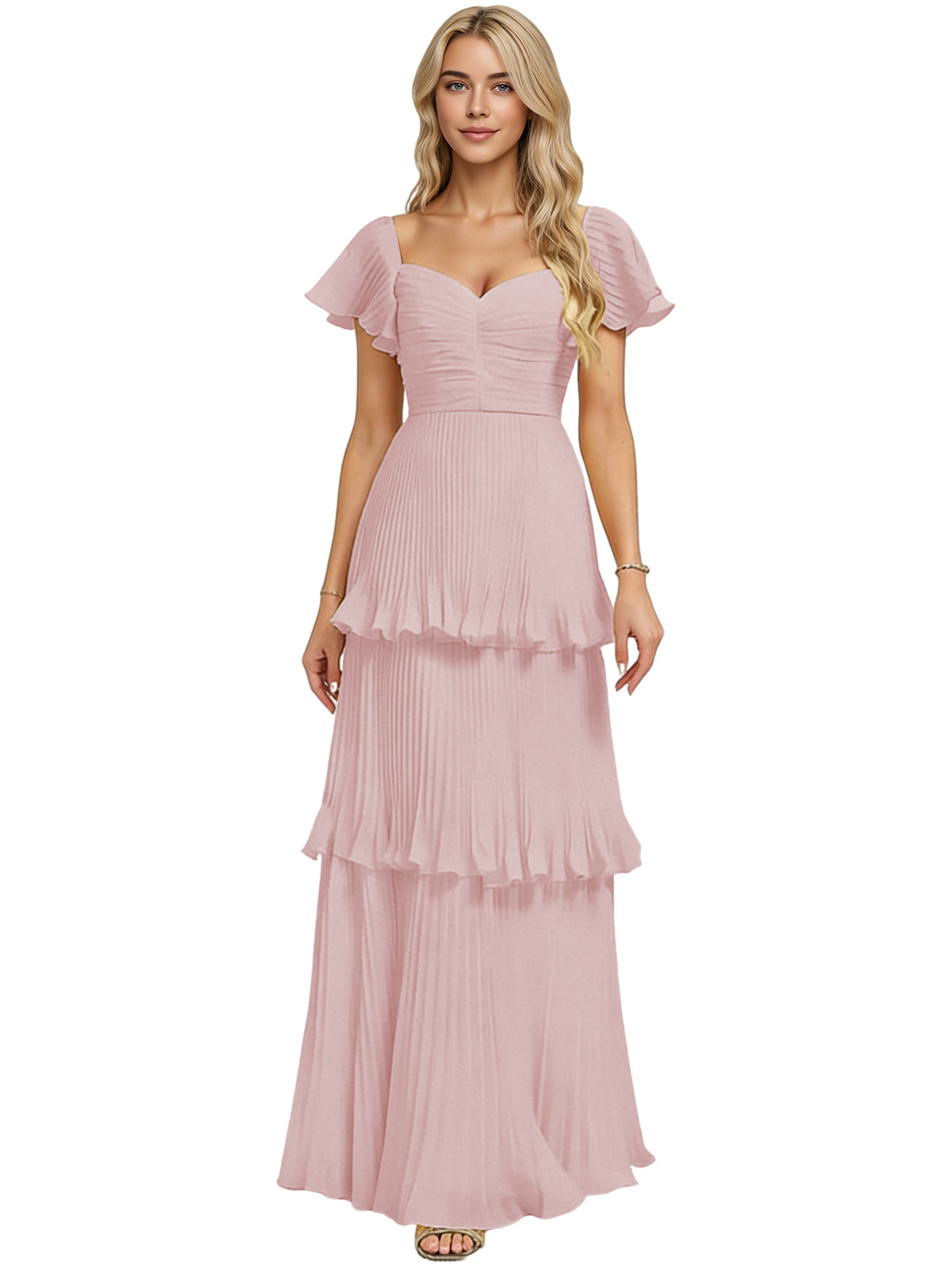 Light pink chiffon bridesmaid dress with sweetheart neckline and tiered ruffle skirt