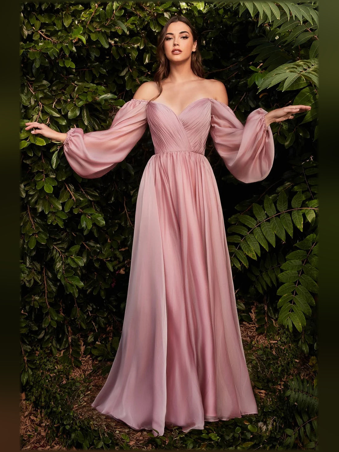 Soft pink long formal dress with off-shoulder neckline, puff sleeves, and pleated skirt