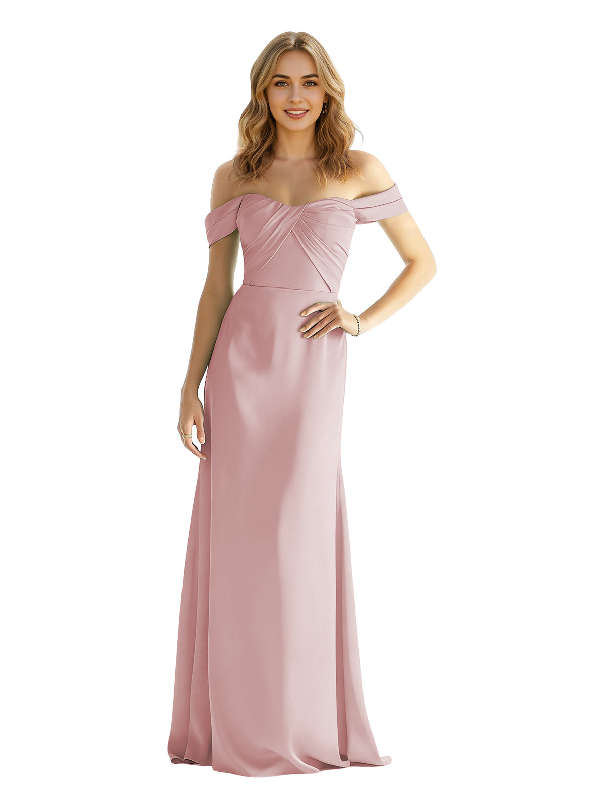 Off-shoulder satin bridesmaid dress with wrapped bodice and floor-length skirt in blush pink.