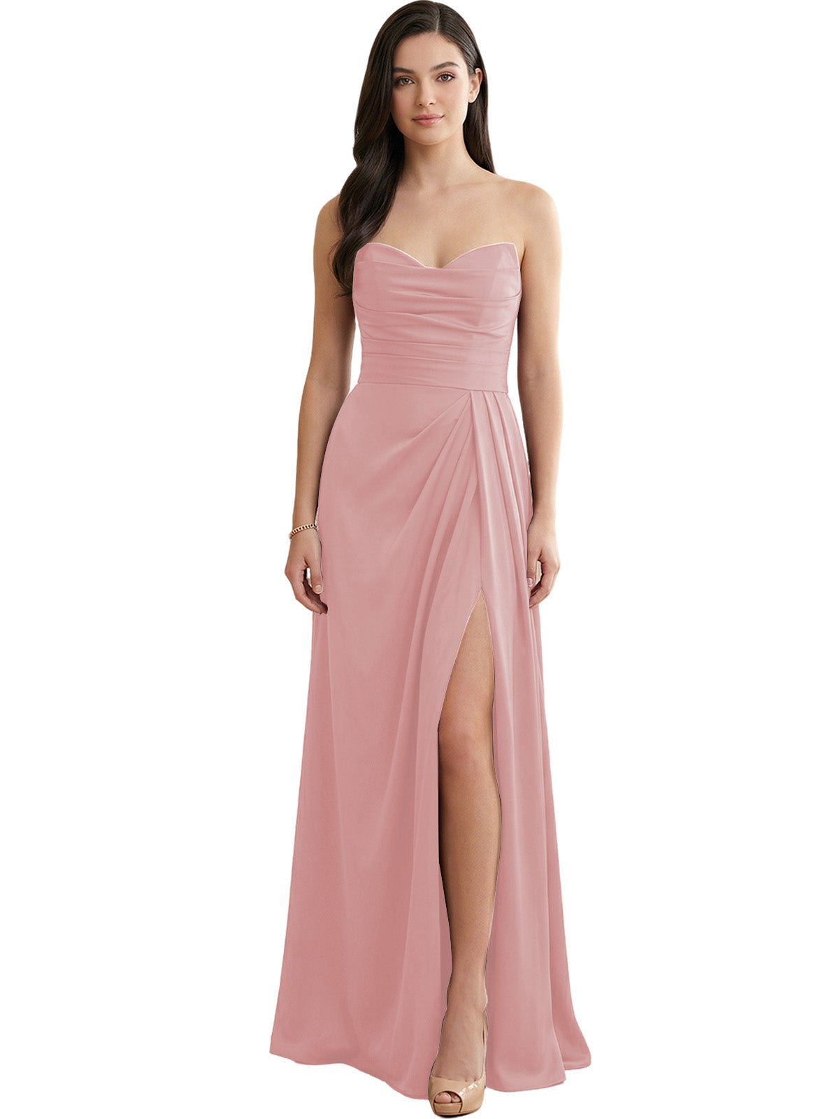 Blush pink strapless satin bridesmaid dress with pleated bodice and side slit