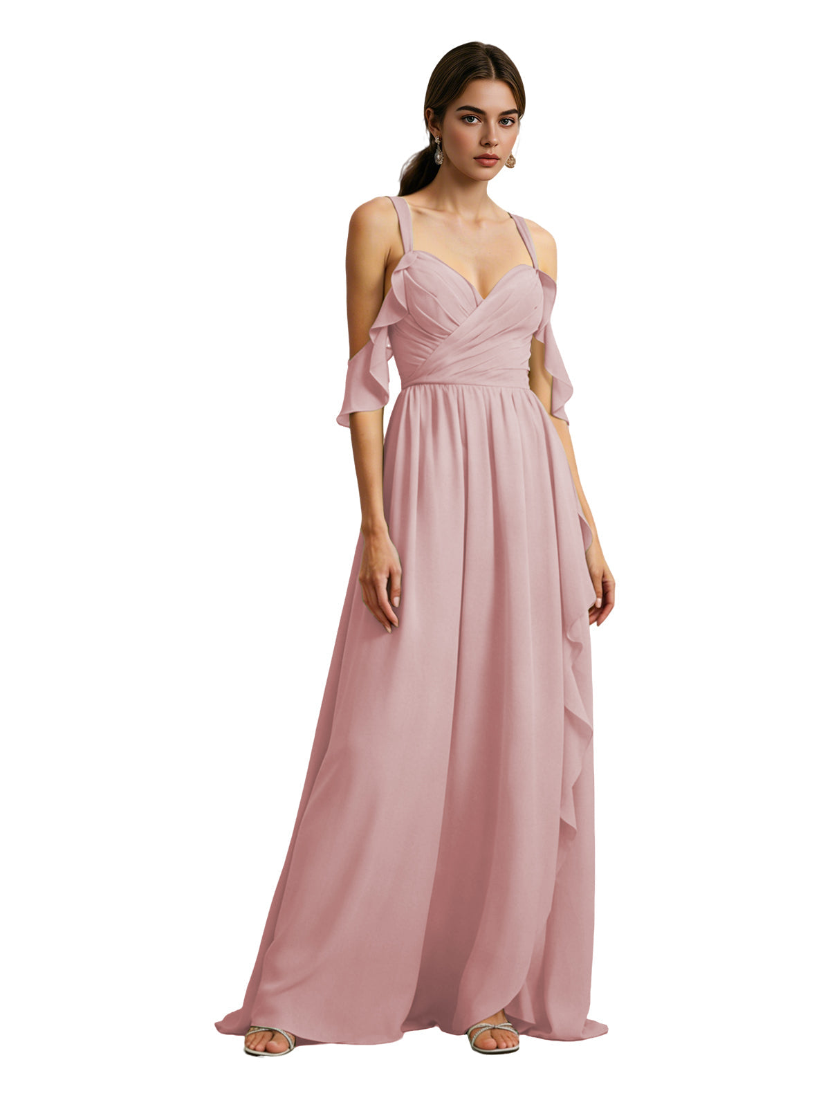 Blush pink chiffon cold-shoulder bridesmaid dress with draped V-neck bodice, maxi