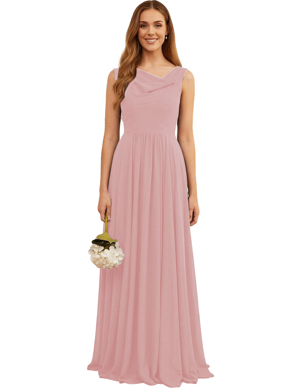Blush pink chiffon bridesmaid dress, sleeveless V-neck with pleated full skirt