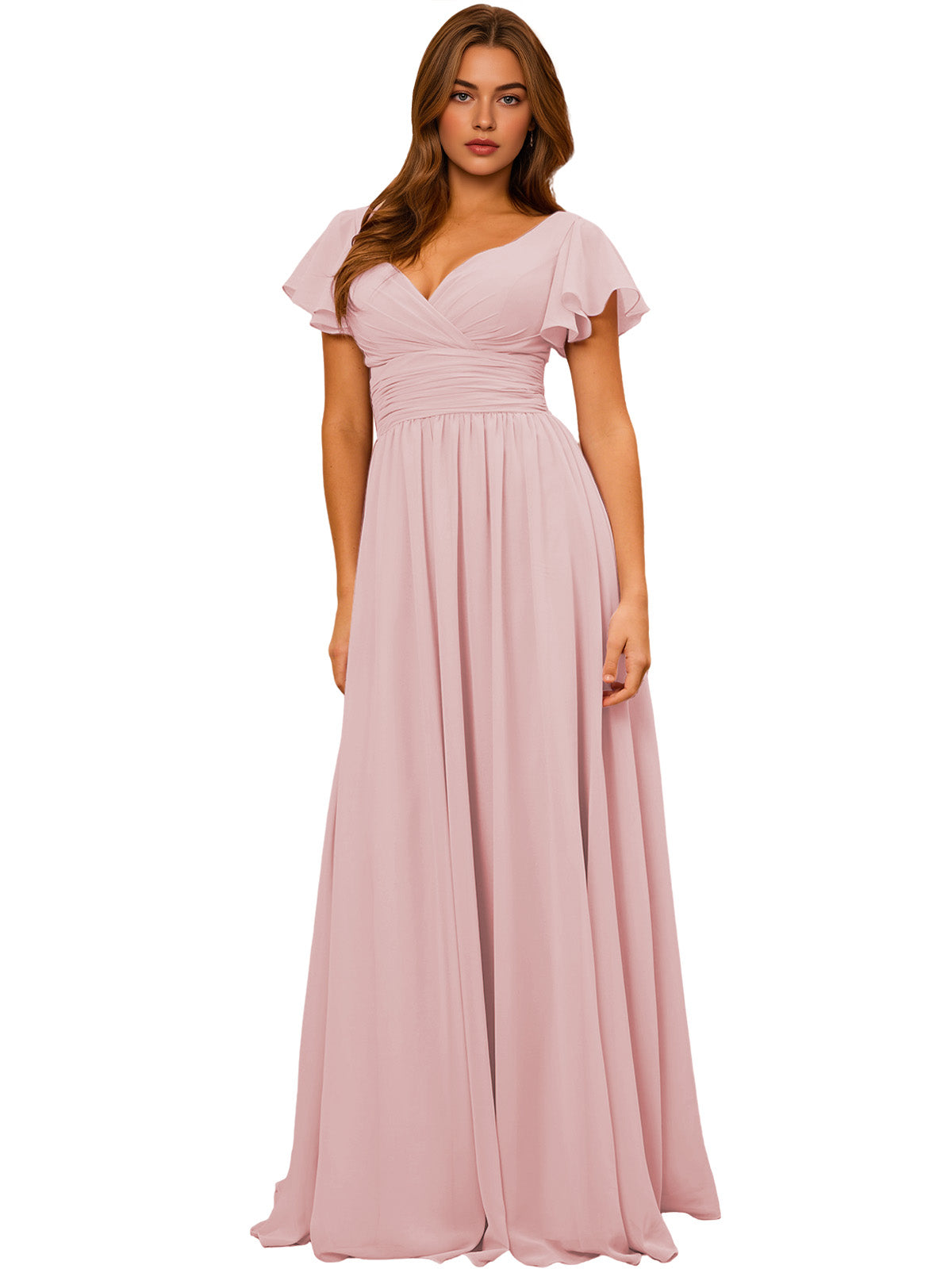 Blush pink V-neck chiffon bridesmaid dress with flutter sleeves and empire waist