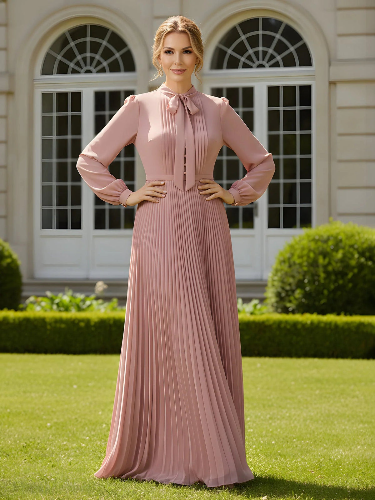 Dusty rose pleated A-line chiffon formal dress with pleated skirt, front view