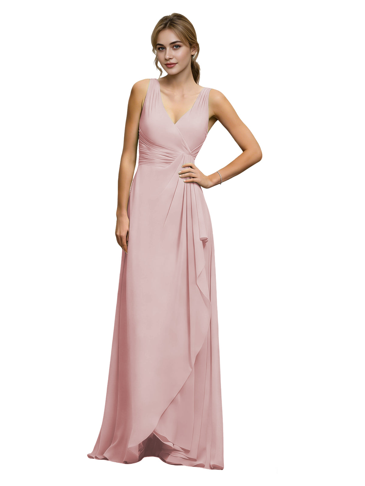Halter V-neck chiffon bridesmaid dress with draped sash waist, blush pink