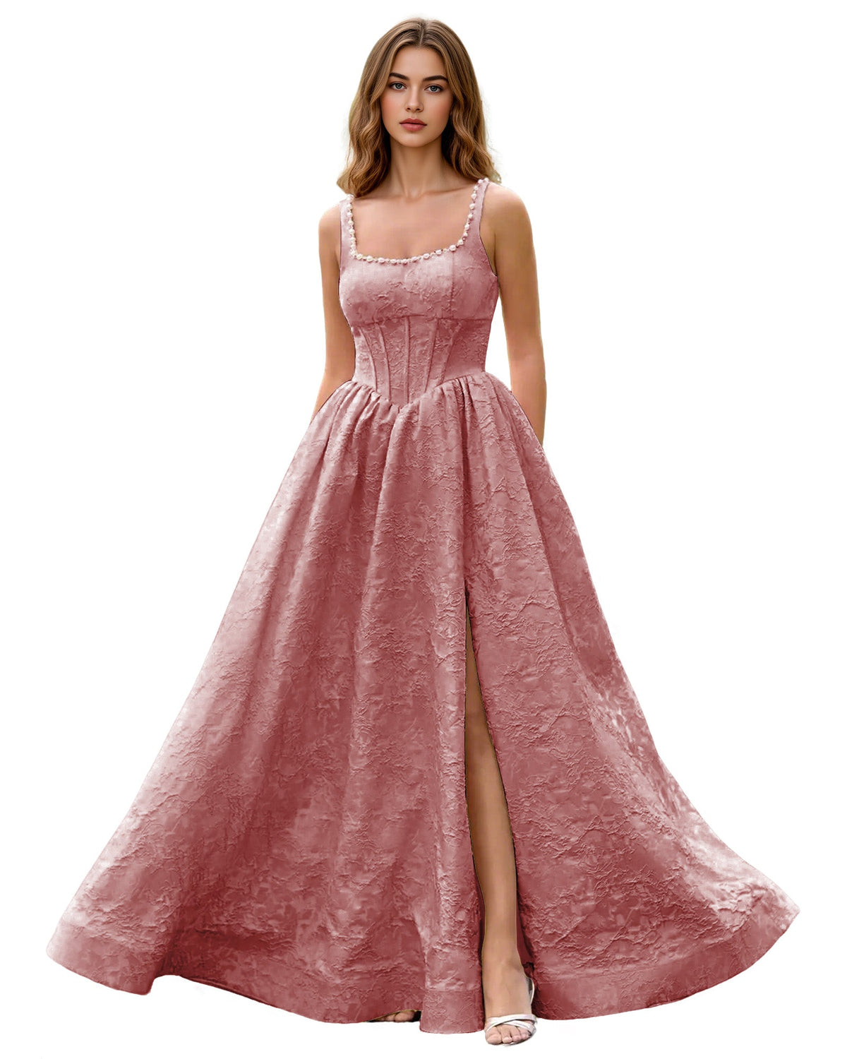 Blush pink square-neck jacquard ball gown prom dress with wide straps and front slit