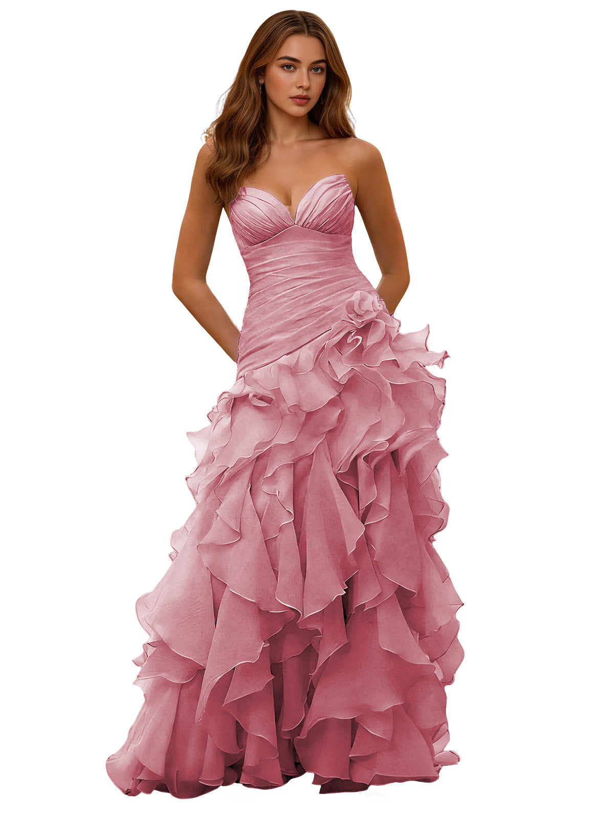 Soft pink strapless ruffle ball gown with draped corset bodice