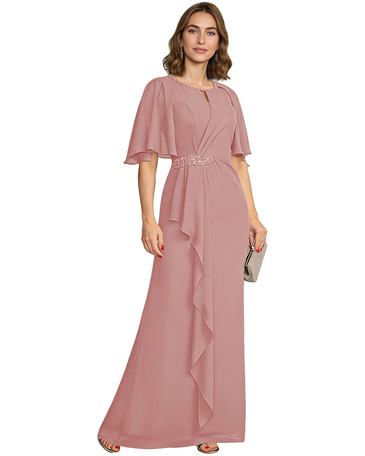 Rose pink chiffon A-line formal gown with flutter sleeves and beaded waist detail.