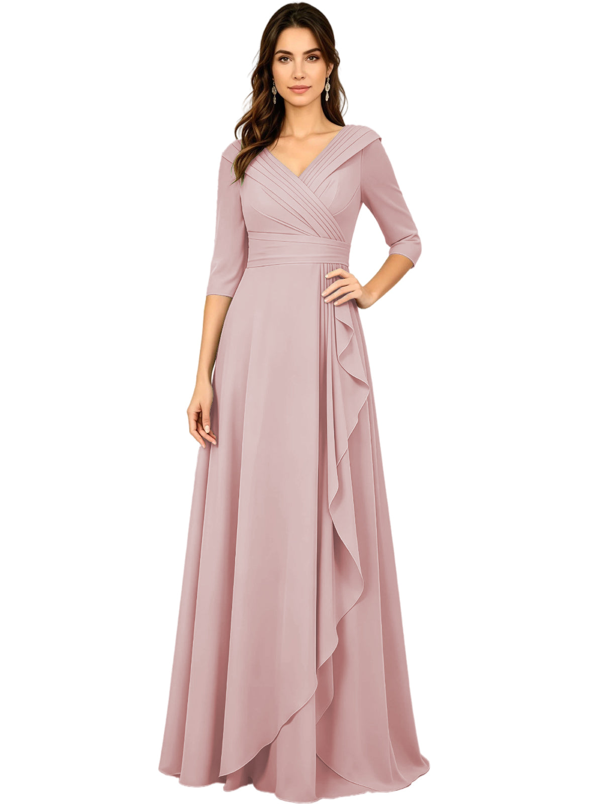 Long V-neck A-line chiffon gown, half sleeves, blush pink with side ruffle drape