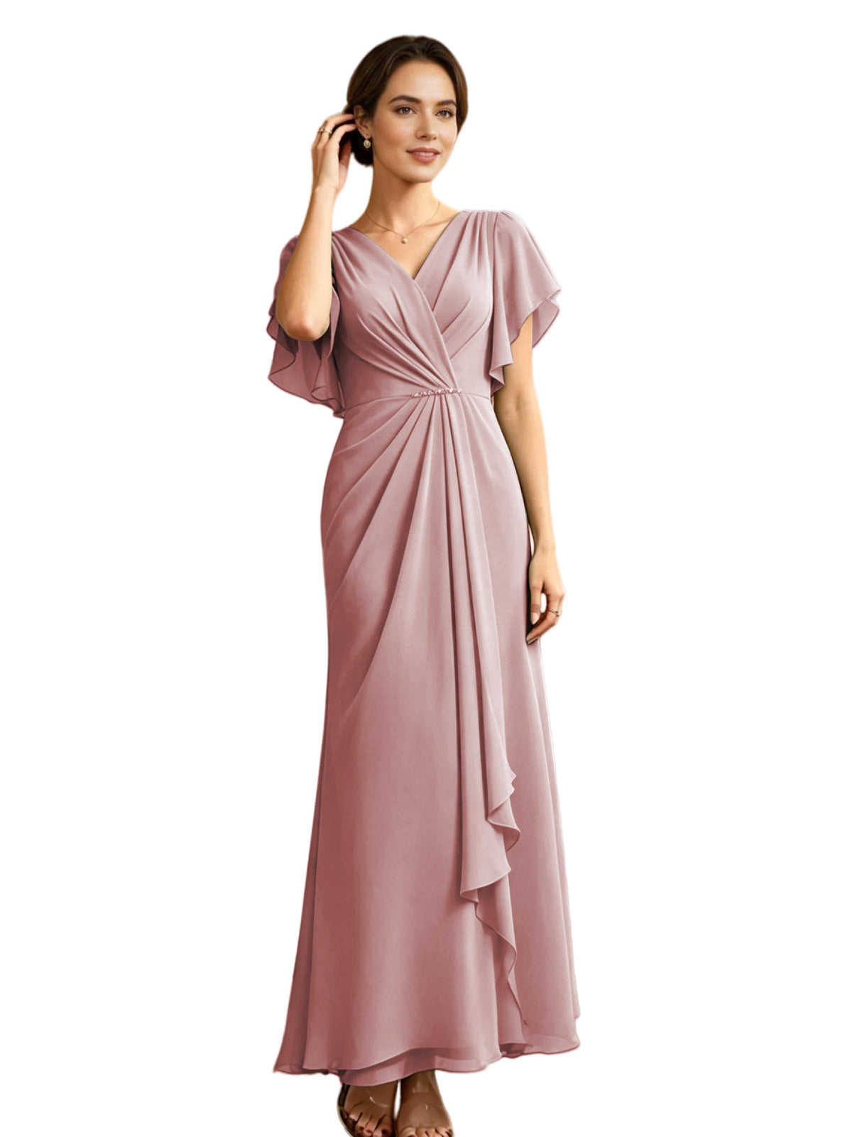 Long dusty rose chiffon V-neck A-line dress with flutter sleeves and wrap bodice