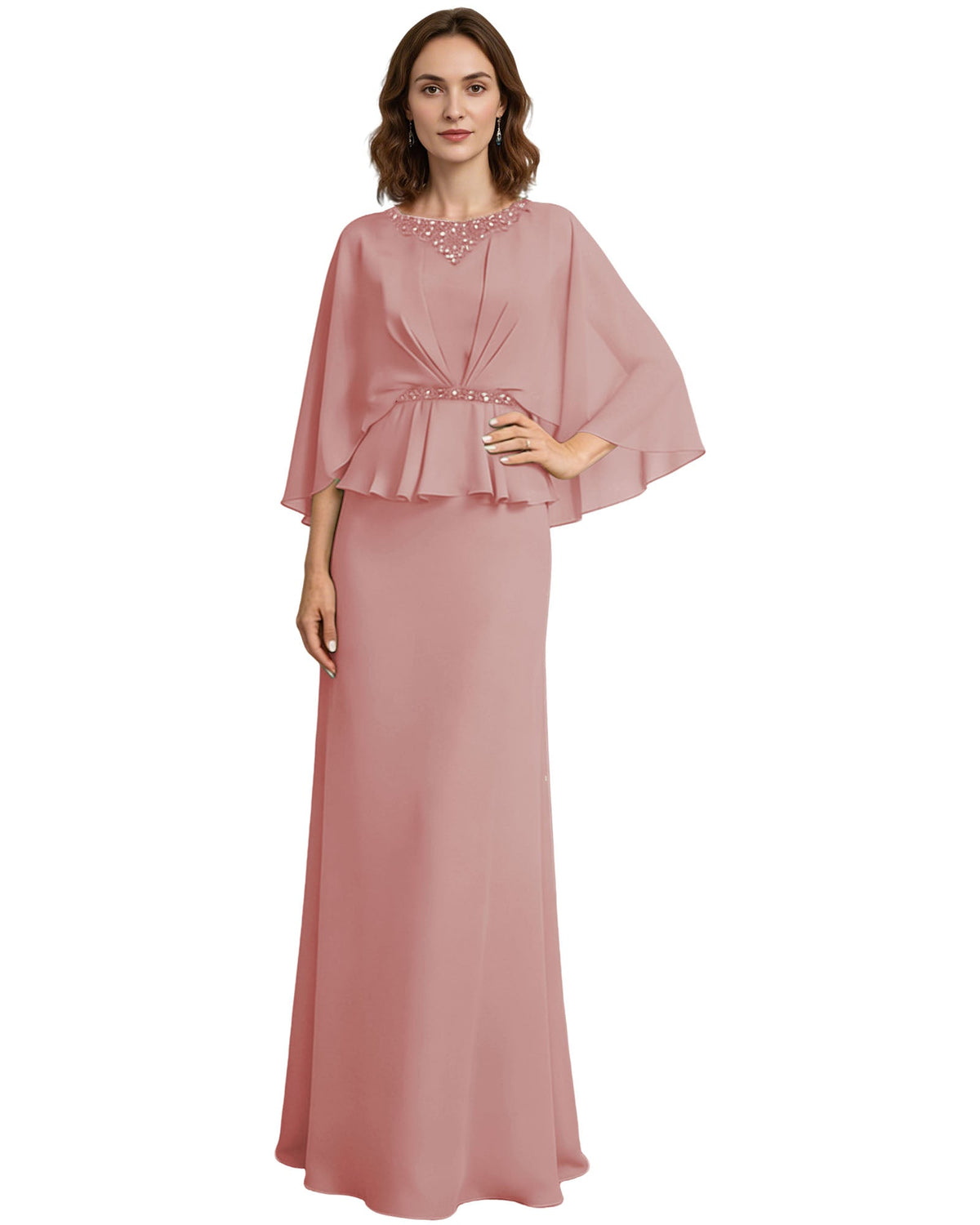 Rose pink long formal dress with beaded neckline and capelet sleeves, peplum waist detail.