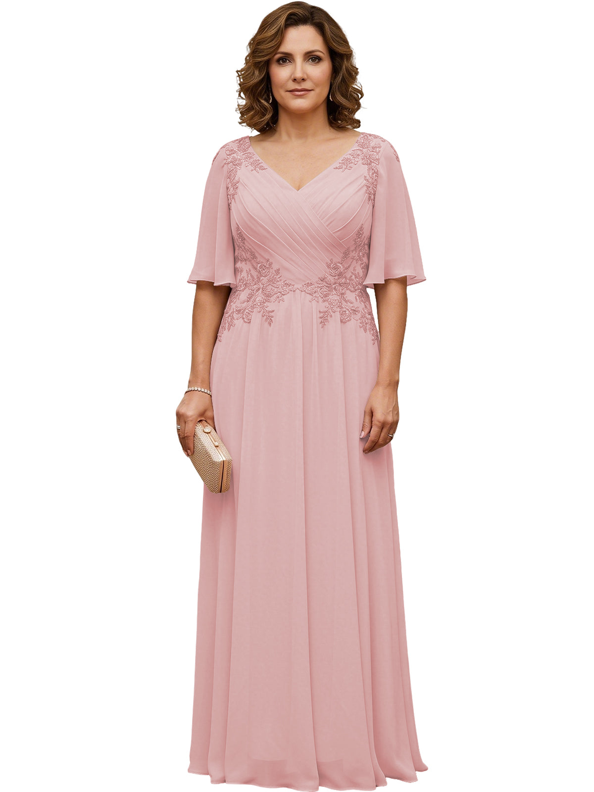 Blush pink long chiffon A-line gown with V-neck, flutter sleeves, and beaded lace detail