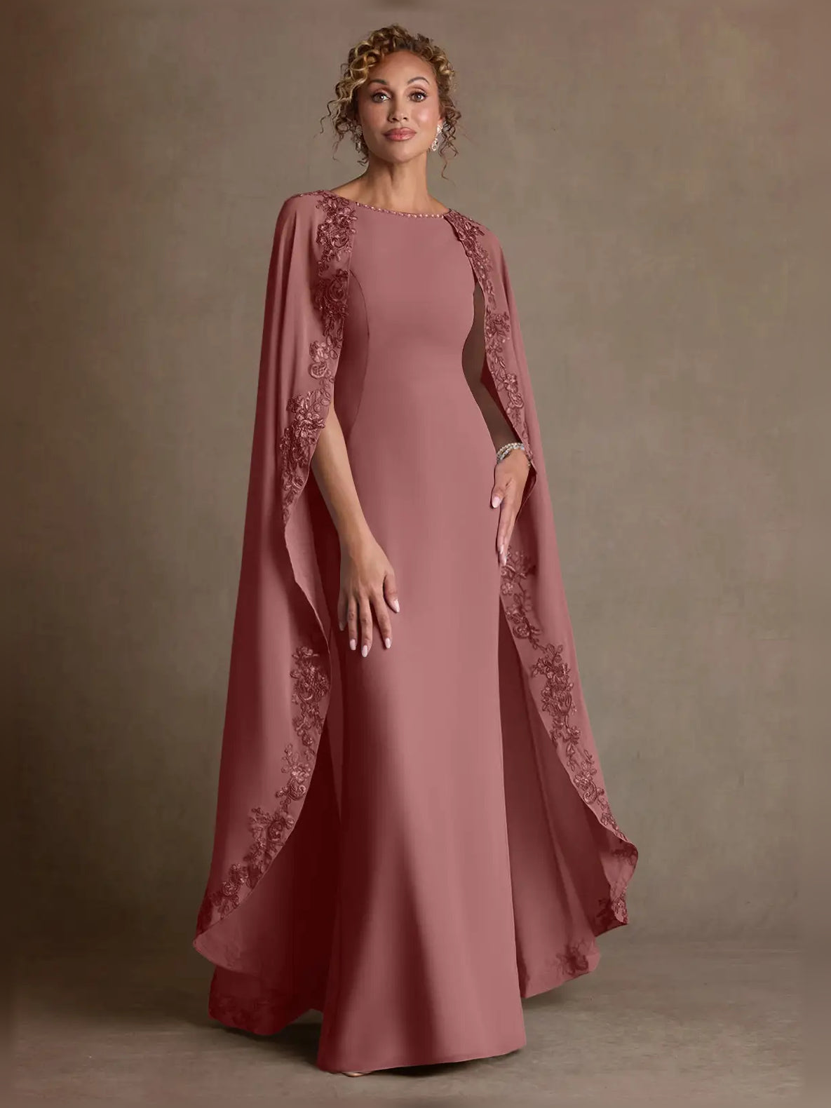 Rose boat-neck sheath maxi dress with sheer embroidered cape sleeves