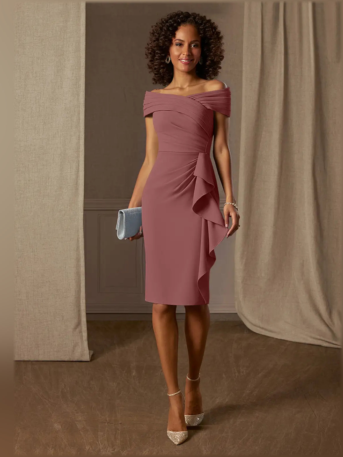 Blush pink off-the-shoulder ruched midi dress with pleated side drape