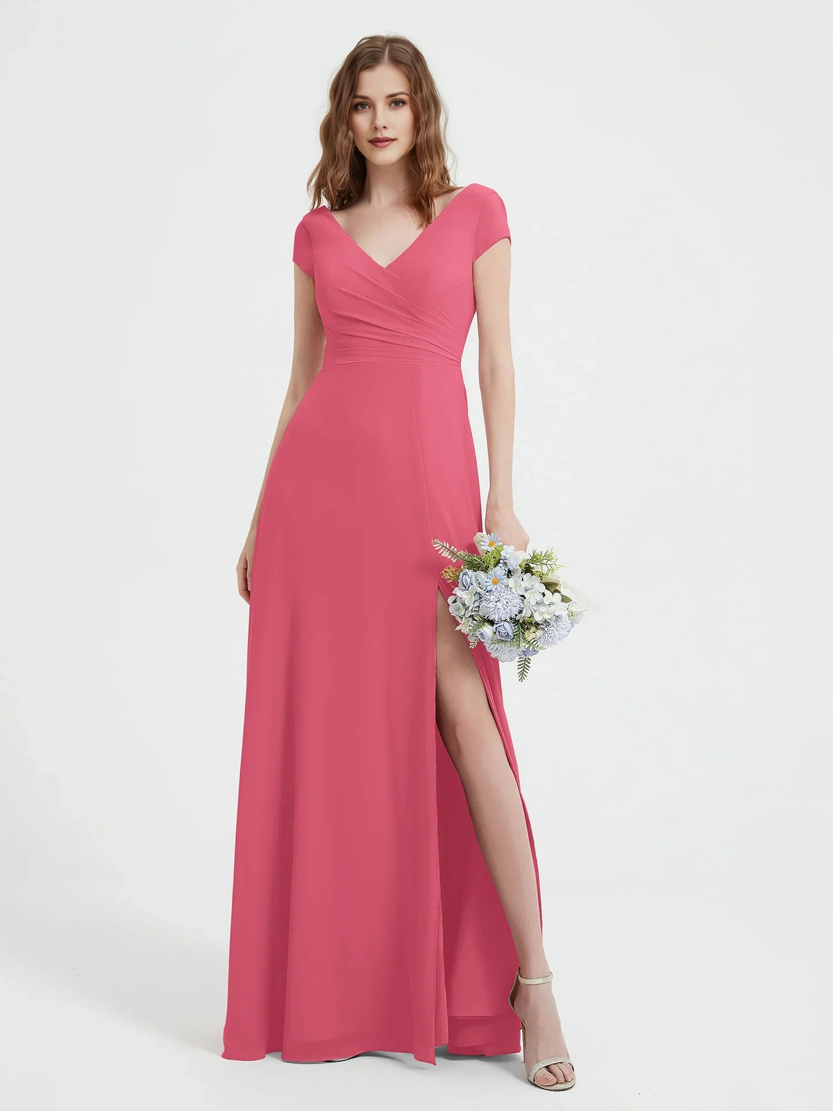 Watermelon pink V-neck maxi chiffon dress with ruched waist and side slit