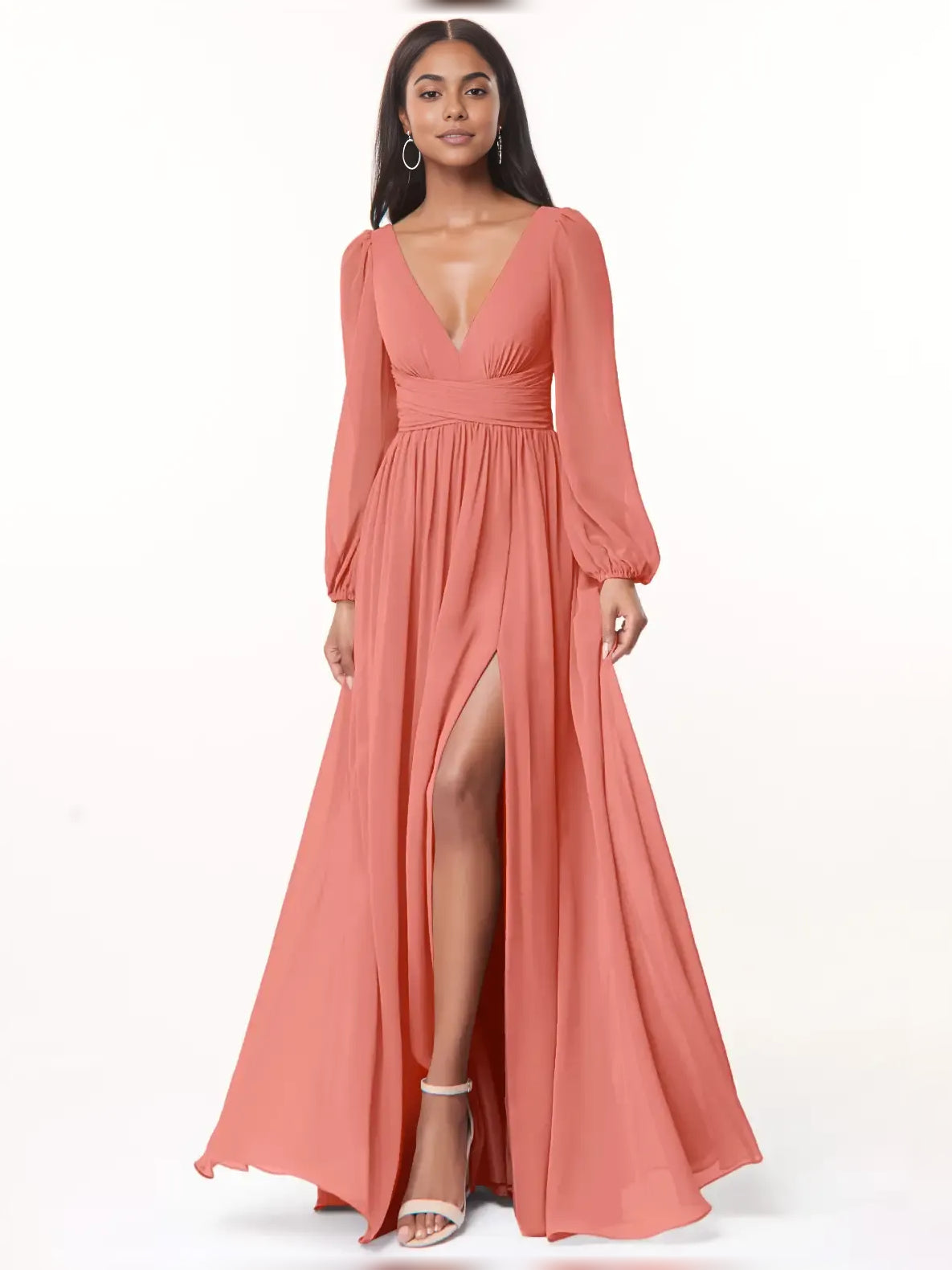 Dusty rose slit A-line bridesmaid dress with plunging V-neck and long sleeves