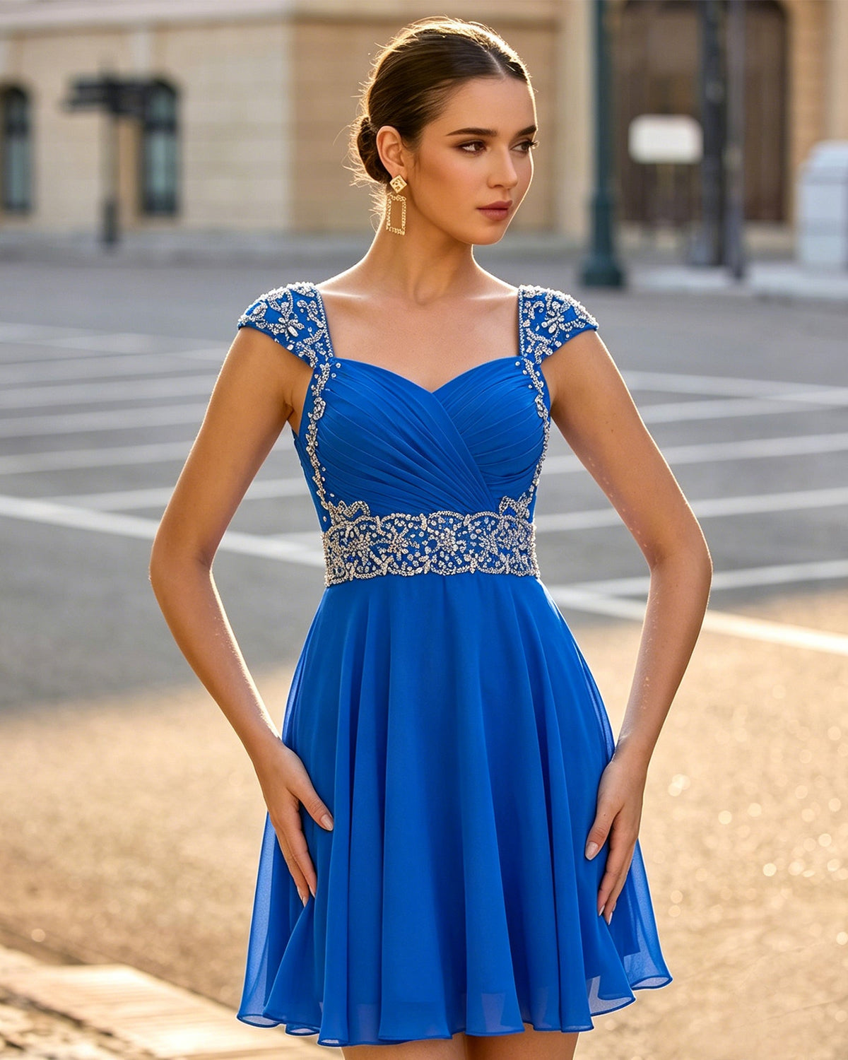 Bright blue ruched chiffon short dress with sweetheart bodice and beaded cap sleeves