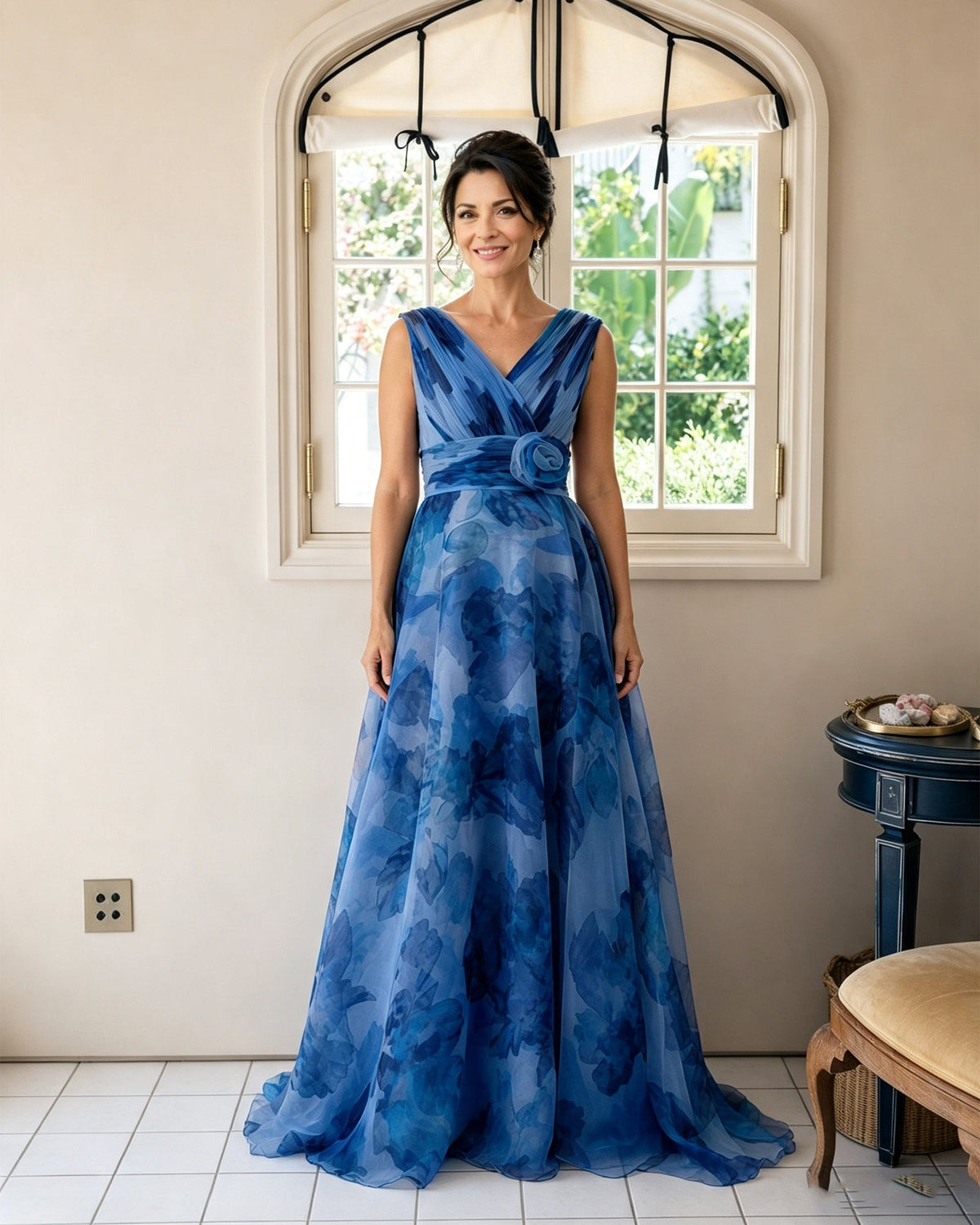 Floral-print chiffon V-neck mother of the bride dress, ocean blue, rosette sash