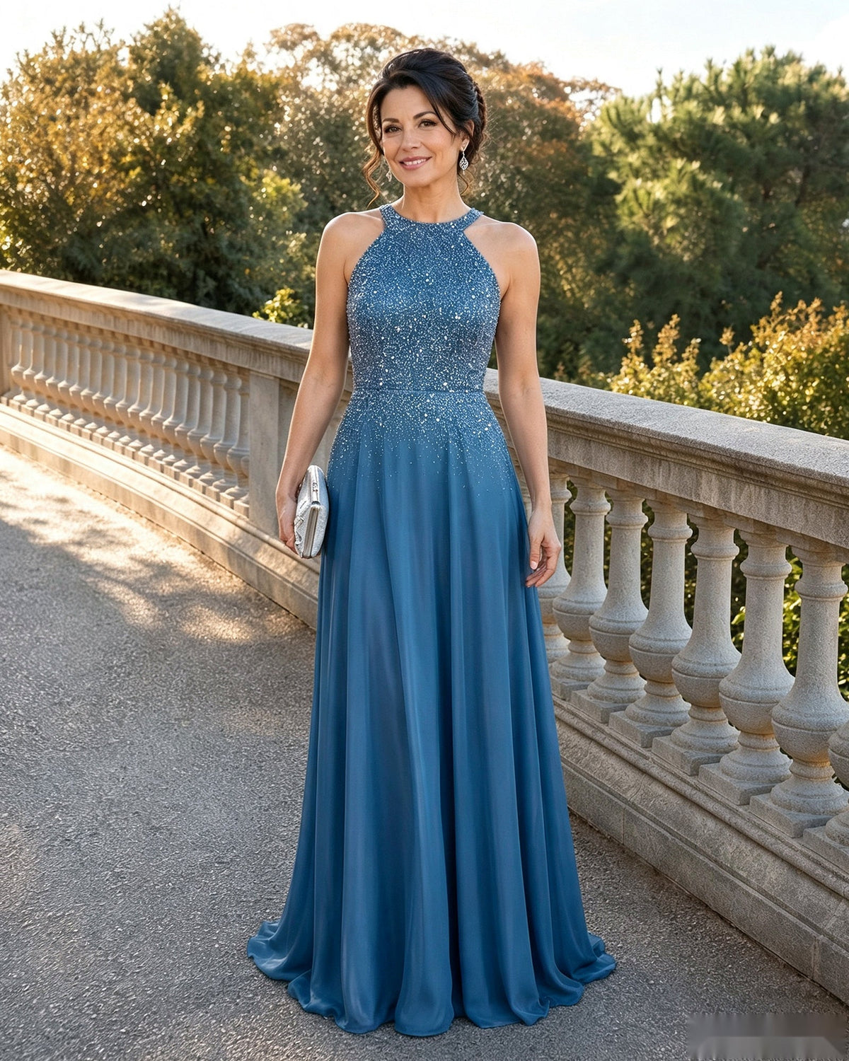 Ocean blue halter neck sequin chiffon A-line mother-of-the-bride dress, floor-length