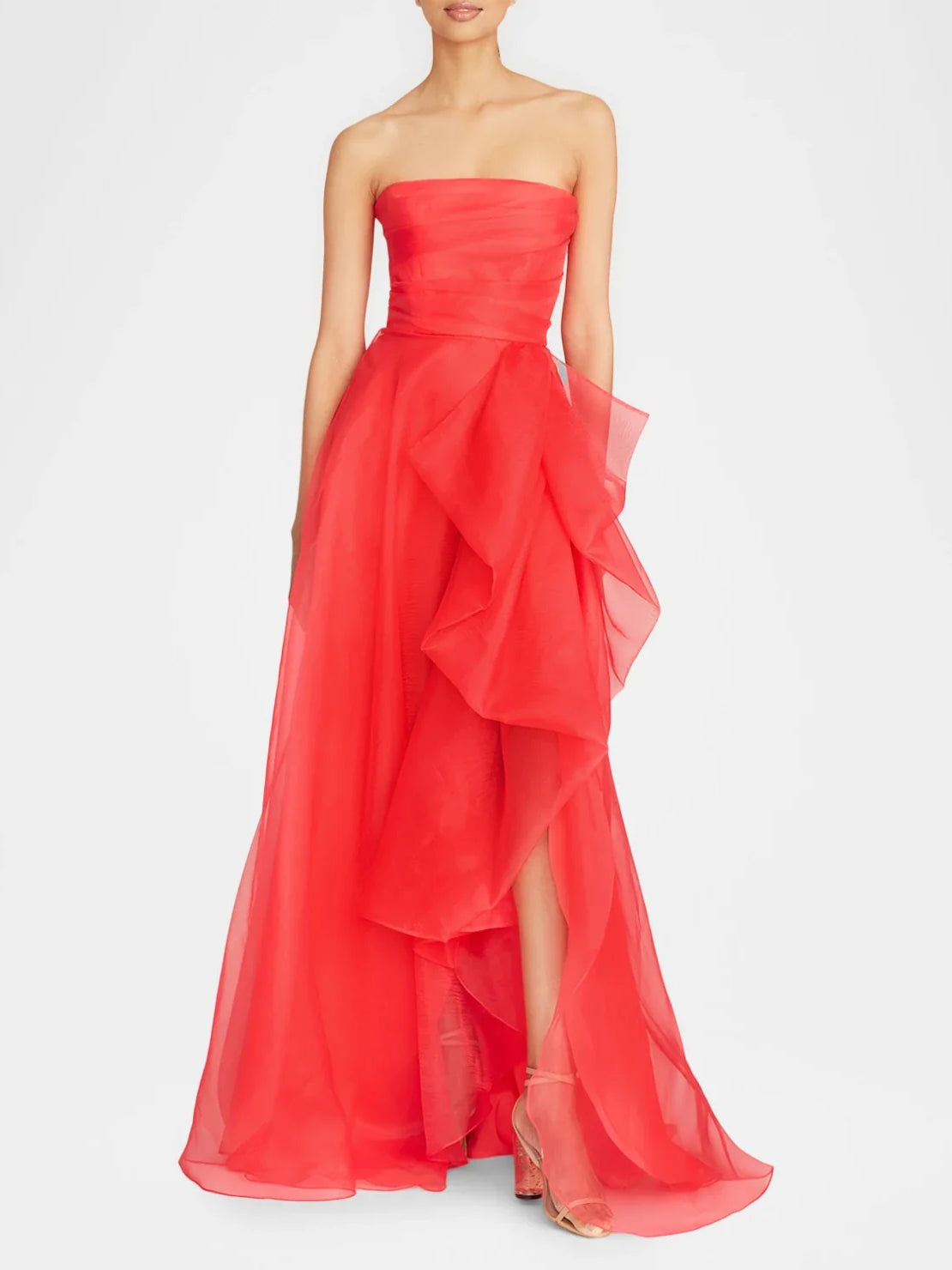 Strapless ruffle A-line floor-length formal dress in bright coral with layered chiffon ruffles
