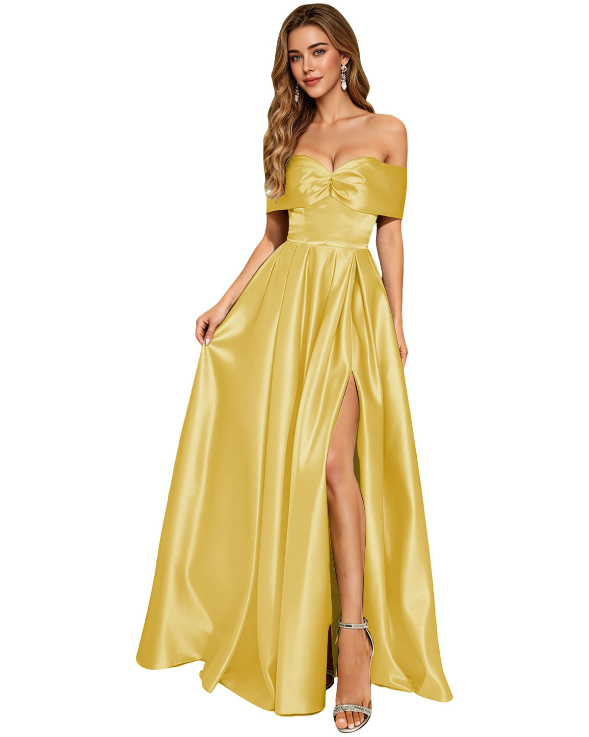 Satin A-line prom dress in gold yellow with bow bust, pleated bodice, thigh slit