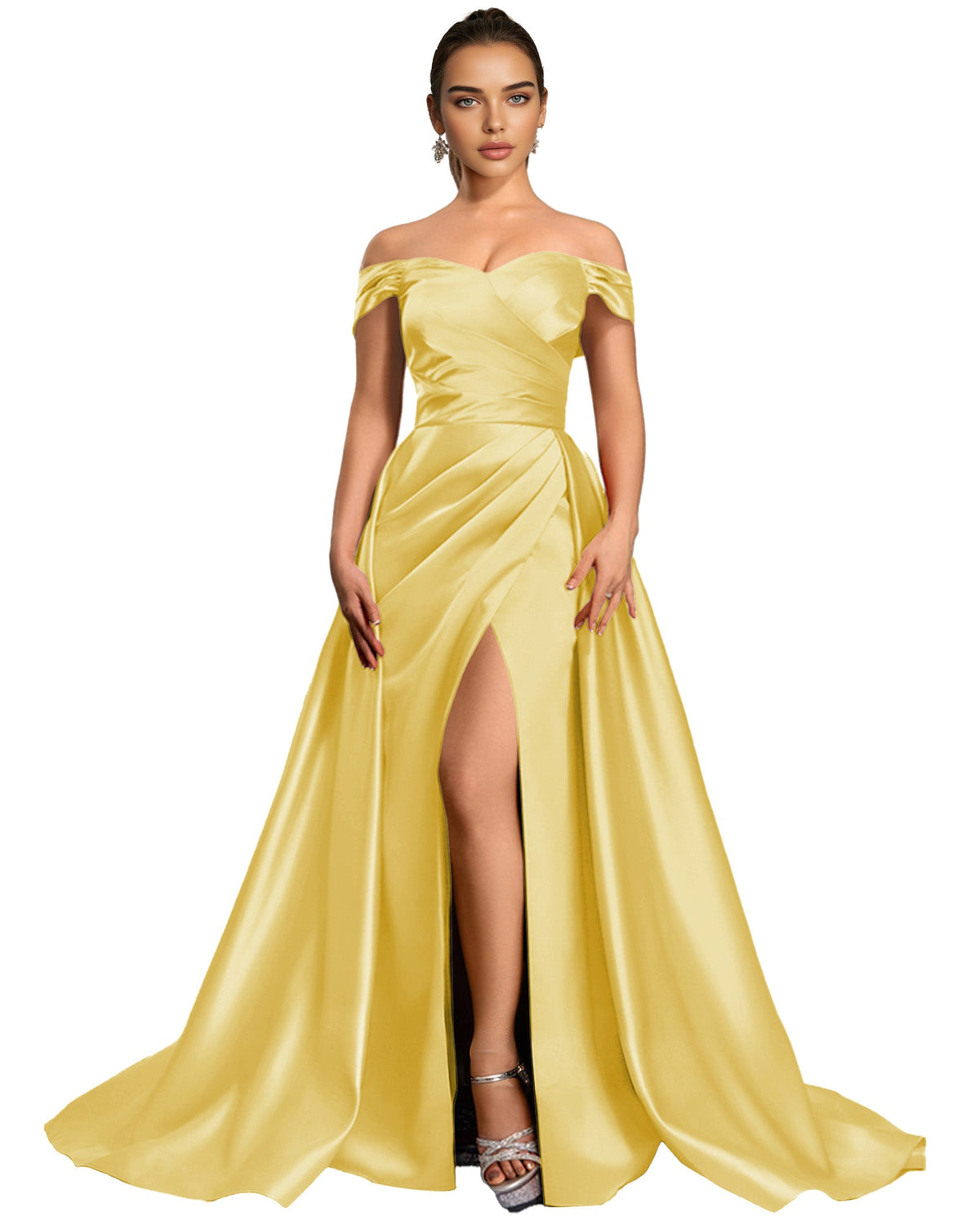 Yellow off-shoulder satin ball gown with draped bodice and thigh slit