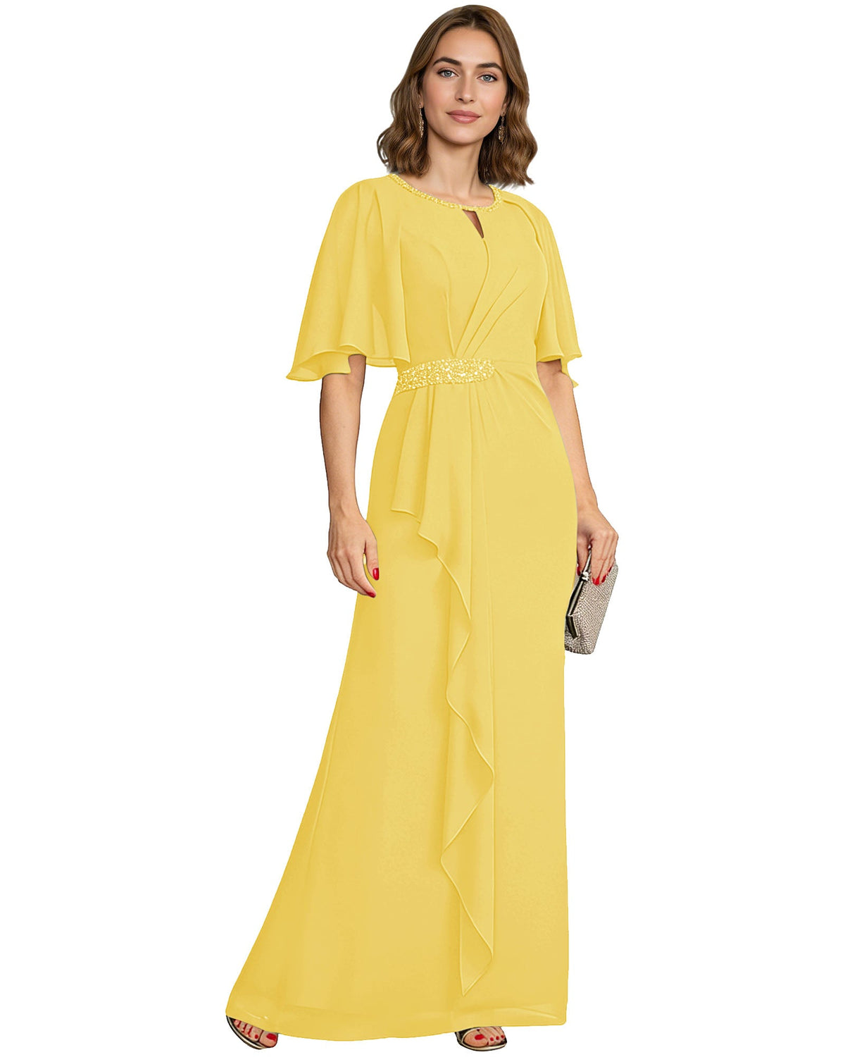 Yellow chiffon A-line formal gown with flutter sleeves and beaded waist detail.