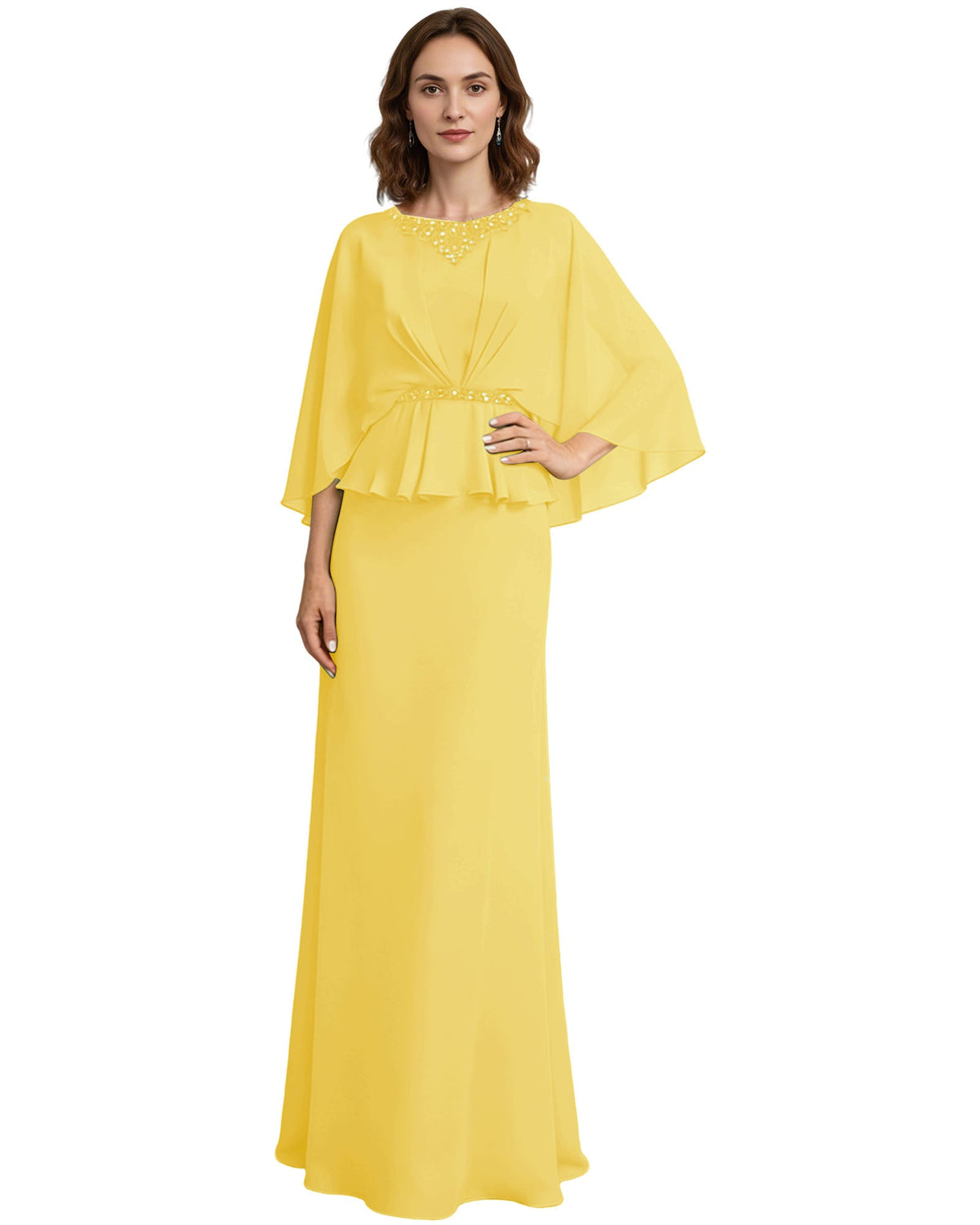 Yellow long formal gown with beaded neckline, flowing capelet sleeves, and peplum waist.