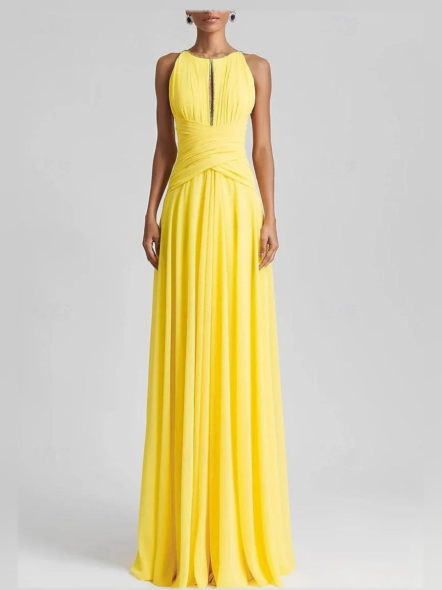 Canary yellow halter maxi chiffon prom dress with gathered ruched bodice and flowing skirt