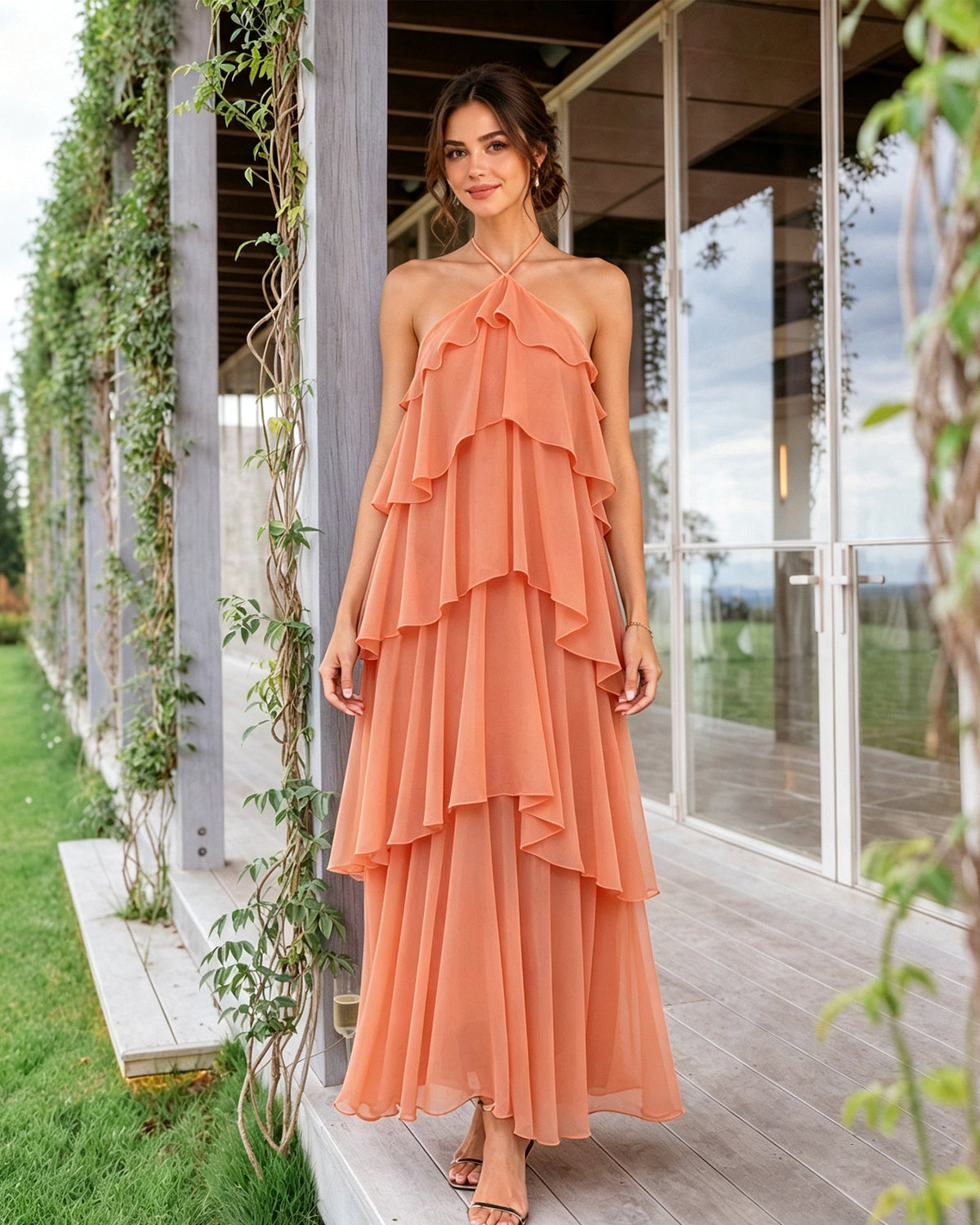 Tiered halter chiffon bridesmaid dress, peach tiered ruffle overlay and long skirt