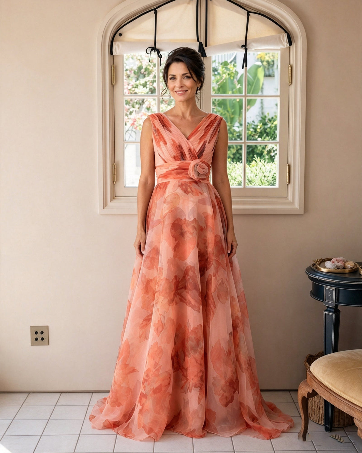 Floral-print chiffon V-neck mother of the bride dress, coral peach, rosette sash