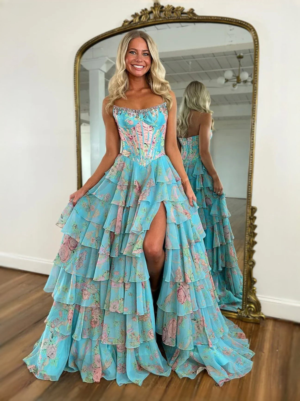 Turquoise floral sweetheart corset chiffon prom dress with tiered ruffles and front slit