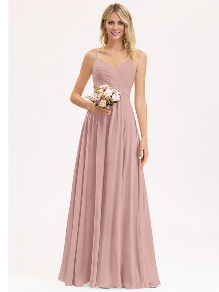 Dusty rose V-neck A-line maxi chiffon dress, sleeveless, gathered skirt