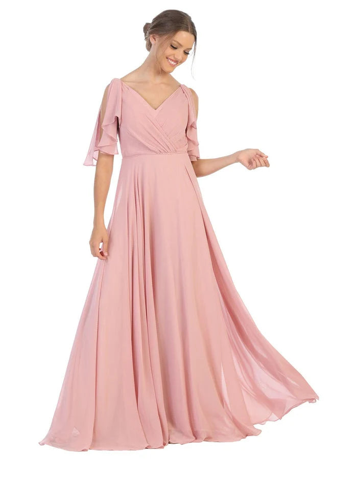 Ruffled V-neck A-line maxi chiffon dress, dusty rose with cold-shoulder flutter sleeves.