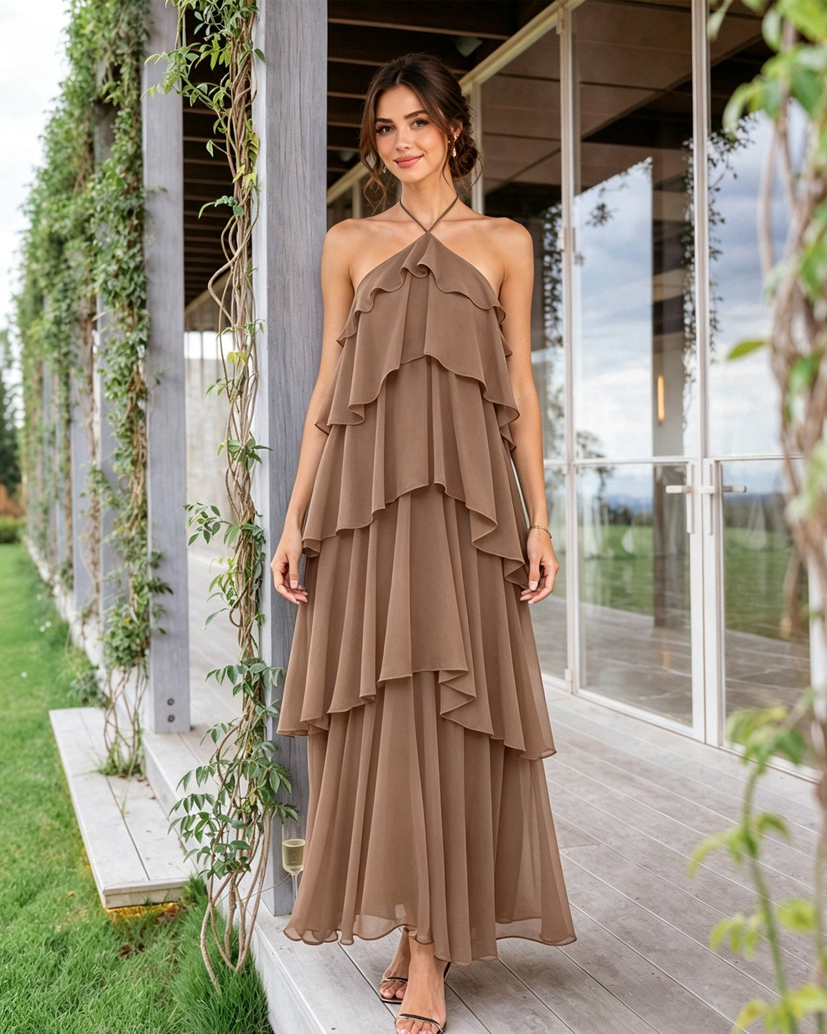 Tiered halter chiffon bridesmaid dress, taupe-brown tiered ruffle overlay and long skirt