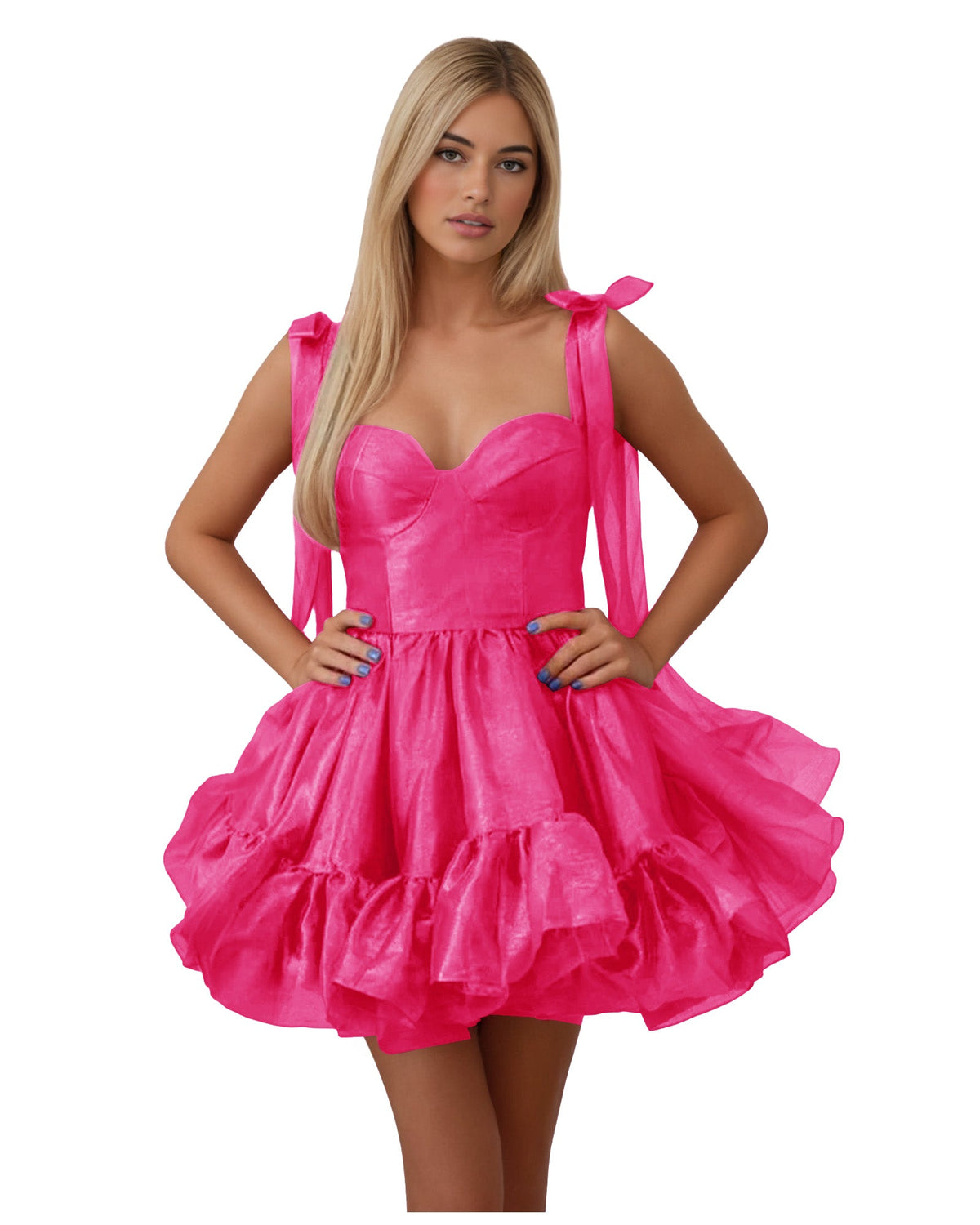Pink satin corset homecoming dress with bow-shoulder straps and tiered ruffles