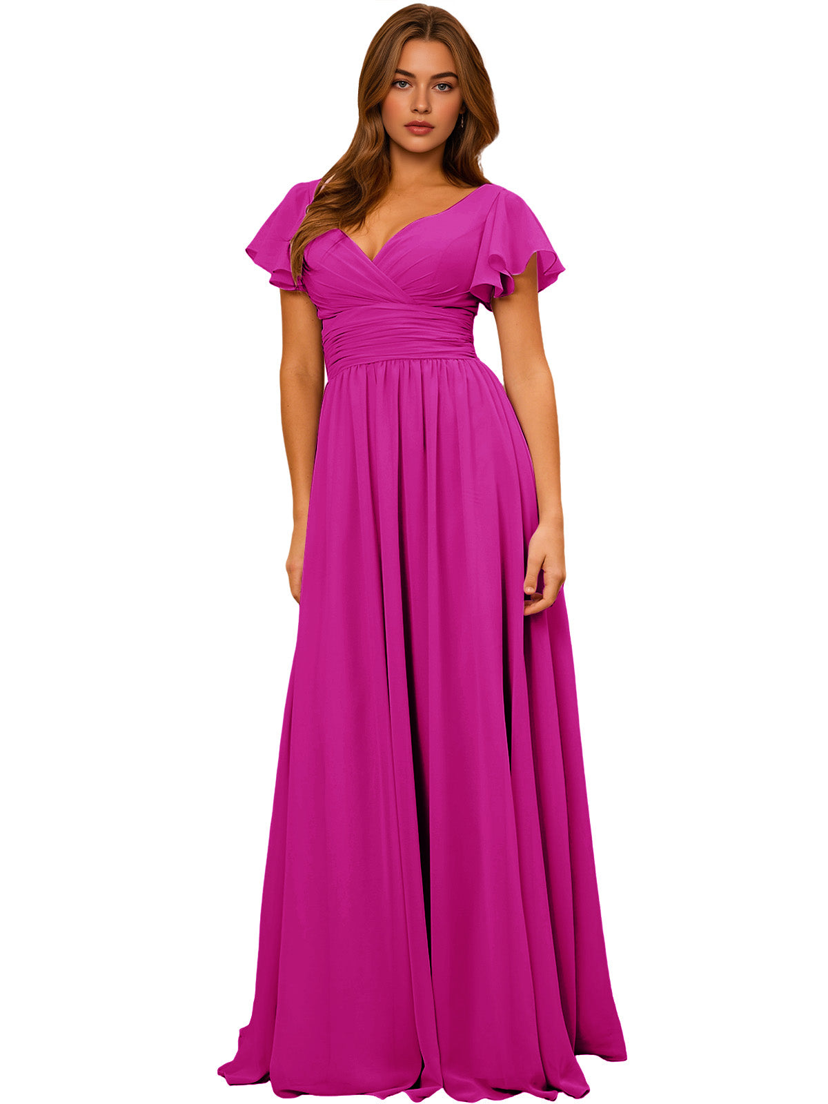 Fuchsia V-neck chiffon bridesmaid dress with flutter sleeves and empire waist